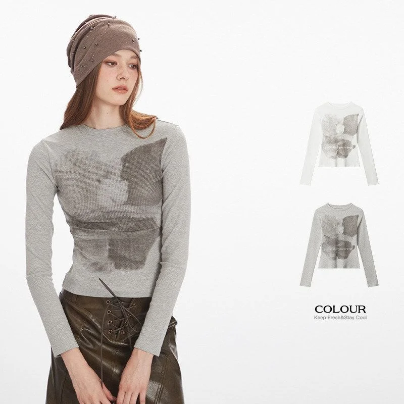 

HeyHenry Bear Print Slim Fit Long Sve Base irt American Retro Sle Women's T-irt Inner Wear ort Length round Ne