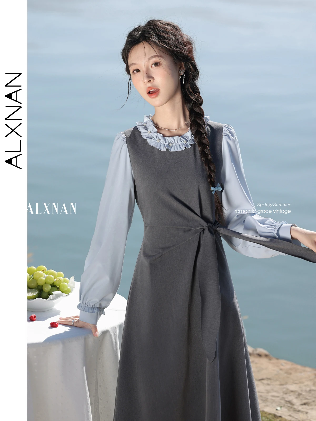 

ALXNAN Women Dress Long Gray Blue Patchwork Fake Two-piece Dress 2025 Autumn Elegant Pearl Holiday Party Female Clothing L52885