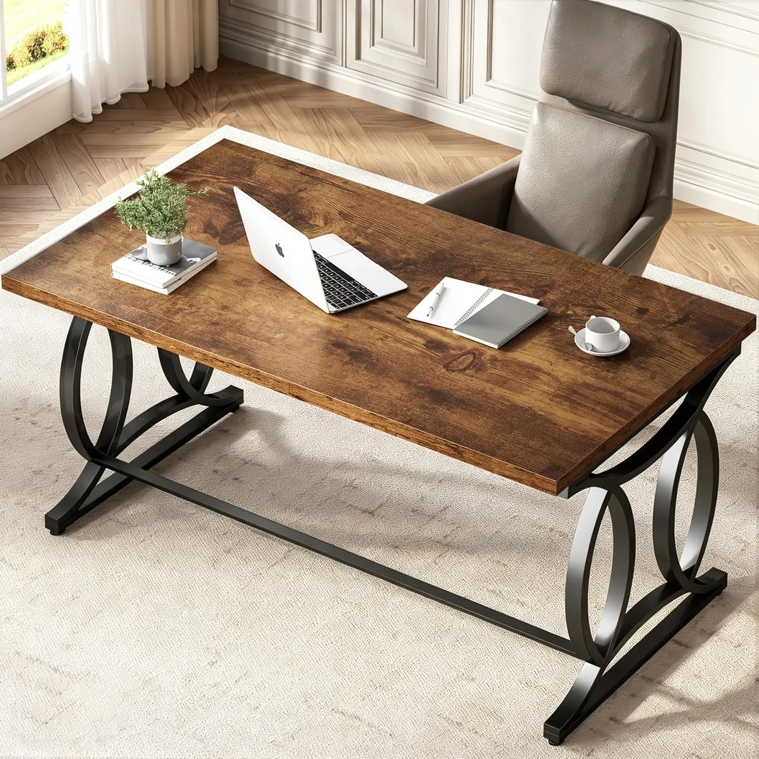 Rustic 55 Inch Metal Wood Computer Desk Industrial Study Executive Work Writing Gaming PC Table Bedroom Brown, Customized