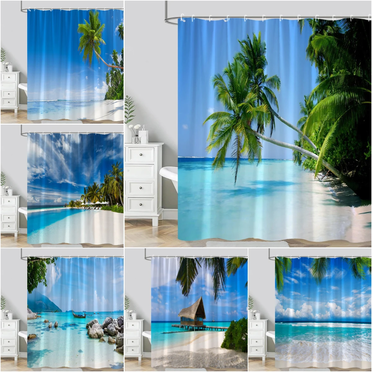 

Beach Scenery Shower Curtain Ocean Seaside Tropical Waves Palm Trees Summer Polyester Fabric Bathroom Decor Curtain Washable