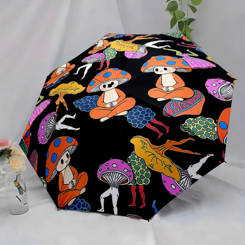 1PC Whimsical Design: Mushroom Characters and Vibrant Colors Print 8 Iron Ribs Folding Umbrella Auto-Open Fashion Sunshade