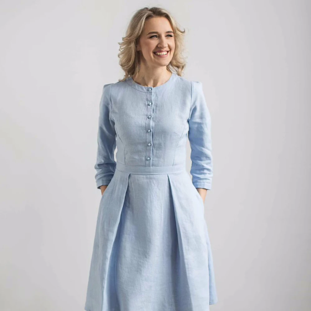 Sky Blue Linen Mother Of The Bride Dress Full Sleeves Knee Length Gown For Wedding Party O-Neck Dresses For Women