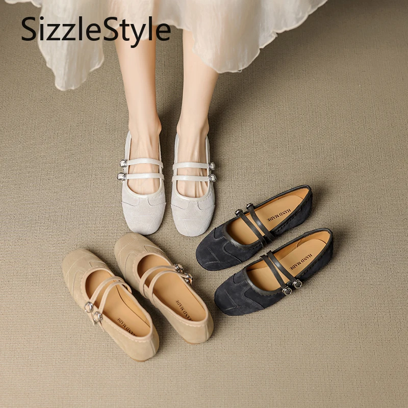 Suede Stitching Double Buckle Solid Color Low Heel Invisible Height Increase Comfortable Retro Square Head Mary Jane Shoes
