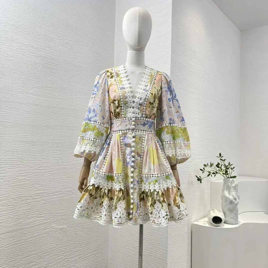 

2024 New Summer Women Collection Floral Print Lace Patchwork V-neck High Quality Hollow Out Pure Linen White Mini Dress