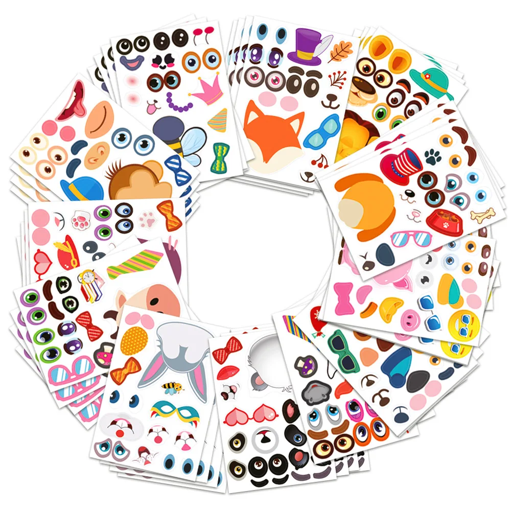 6/12/24Sheets Children DIY Puzzle Sticker Games 12 Animals Face Funny Assemble Jigsaw Stickers Kids Educational Toys Boys Girls