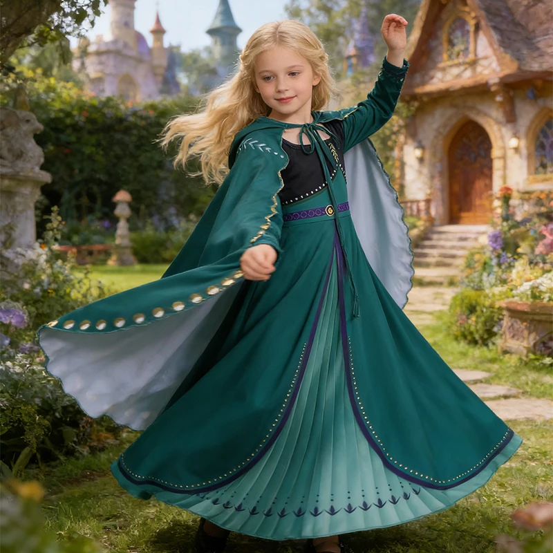 Disfraz de coronación de Anna de Frozen para niñas, vestido de princesa verde con capa, vestido de lujo de reina para Halloween y fiestas de cumpleaños