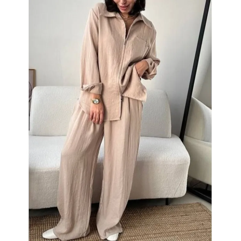 

Casual 2 Piece Sets Autumn New Women's Outfits Fashion Zipper Pocket Long Sleeve Shirts And Loose Wide Leg Pants Set 2025