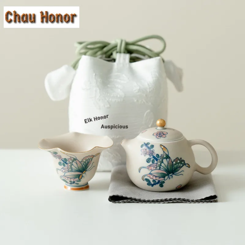 

Липкий рис, глазурованный, ручная роспись, бабочка, дорожный чайный сервиз, набор, эстетический, 1 горшок, 1 чашка, органайзер для чайника, портативная уличная сумка