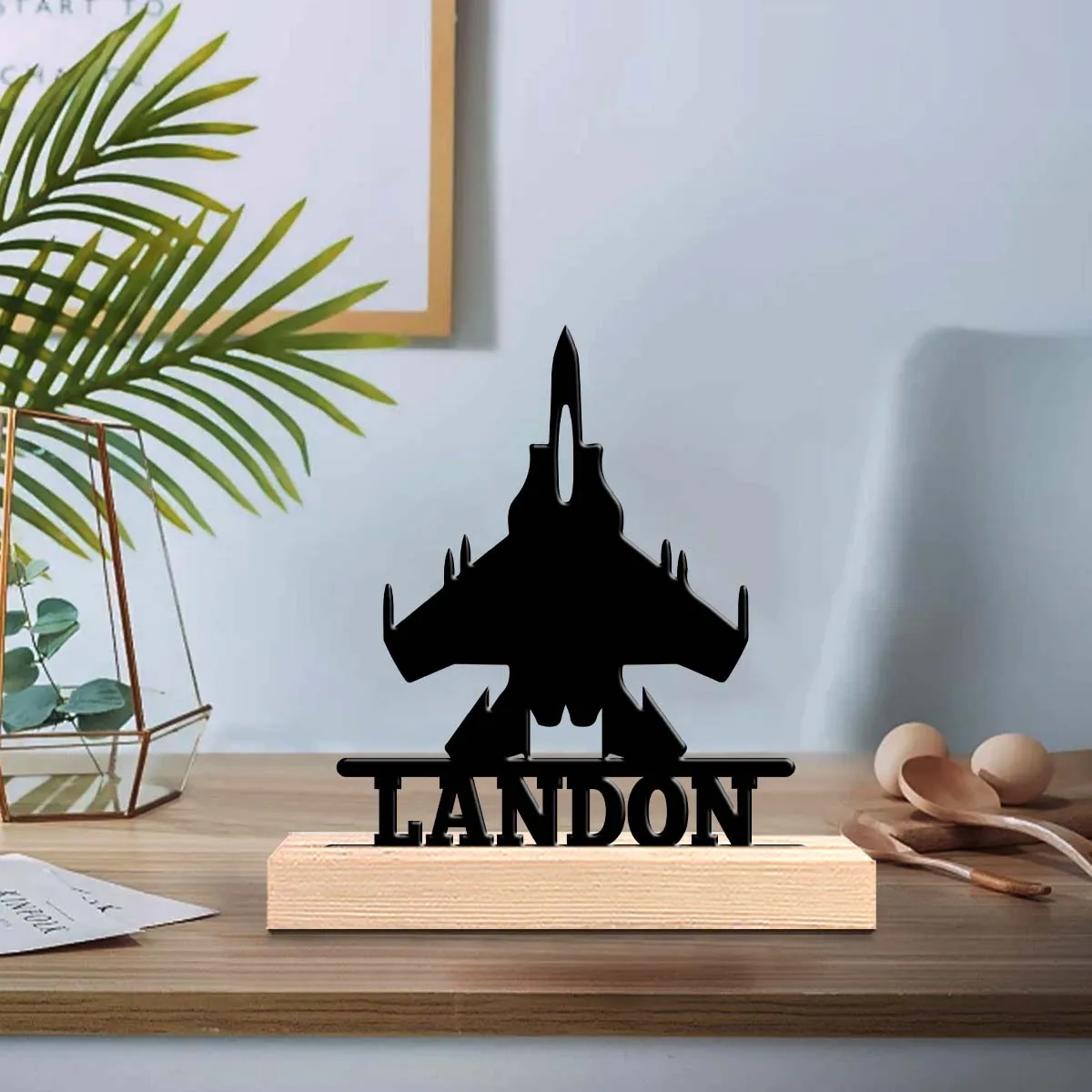 1pc Metal Desktop Decoration Customizable Content Equipped with A Wooden Base Housewarming Gift,Metal Ornament Decoration