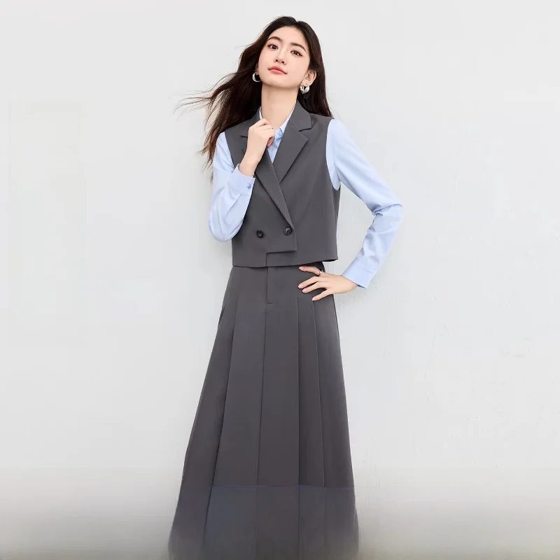 

Commute Double-Breasted Notched Collar Asymmetrical High Waist A-Line Pleated Skirt Set Polyester Fiber Sleeveless Women's Fa...
