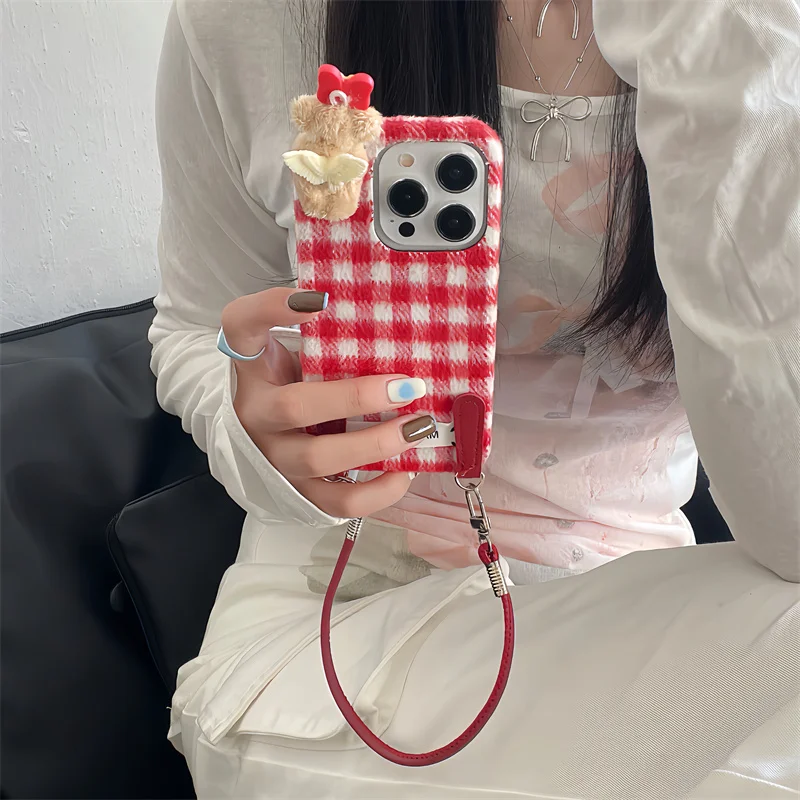 

Kawaii Wool fabric 3D Angel Bear phone case for iPhone 16 Pro 13 14 15 Pro Max Korean Fashion plush lanyard 15 Pro Winter cover