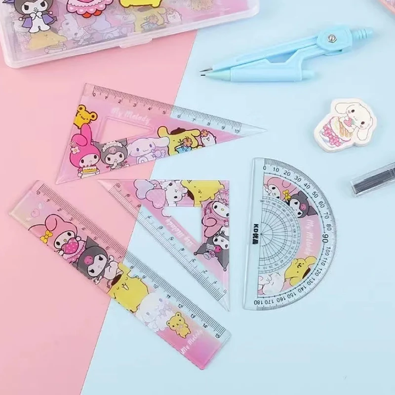 Cartoon  Student Ruler 4 Piece Set Kawaii My Melody Kuromi Triangular Plate Protractor Measuring Ruler Stationery Set Gift