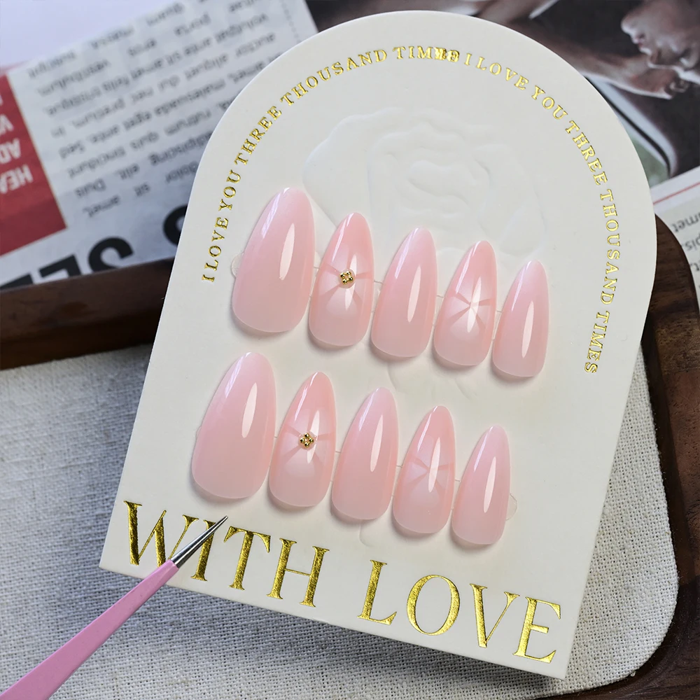 24 Uds. De uñas postizas de Ballet con gradiente blanco, color rosa desnudo, almendra, flores brancas y borrosas, colorete, limón, brillo, uñas postizas