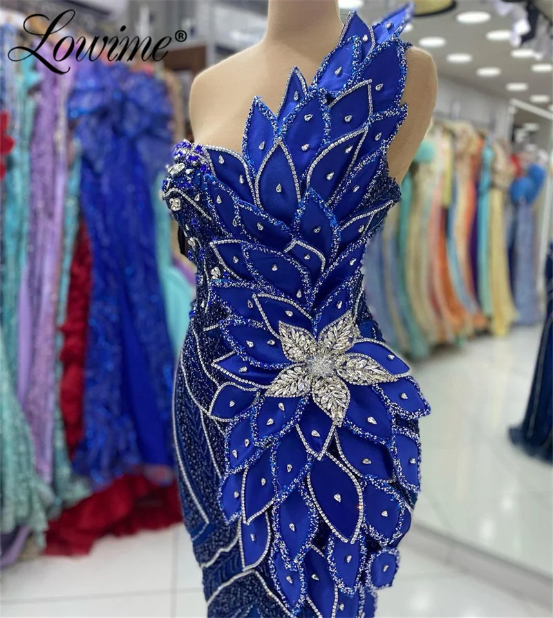 Vestido azul real com diamantes, folha 3D, vestidos de baile, cristais Aso Ebi personalizados, vestidos longos, festa de casamento, 2021