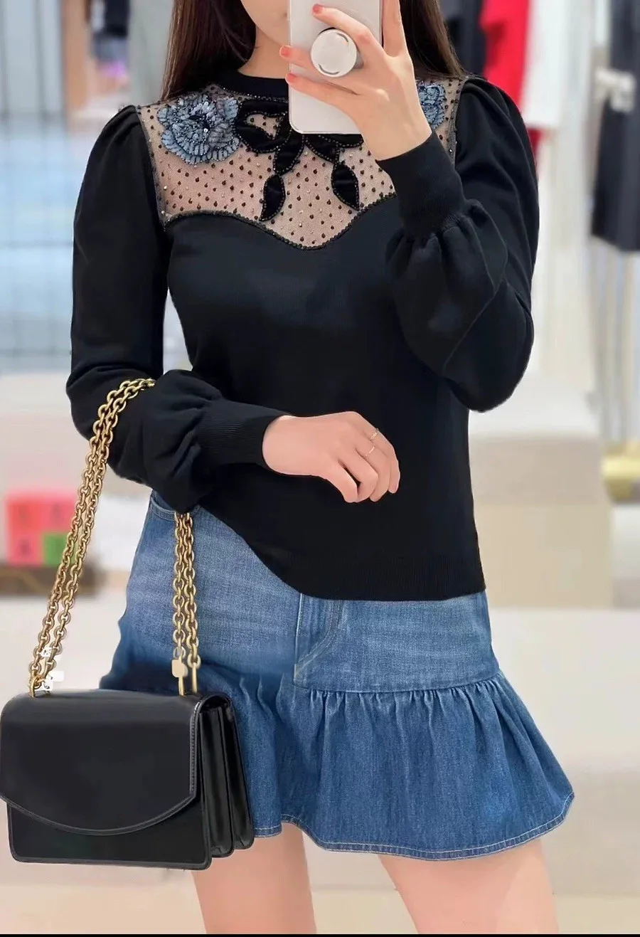 

2026 Spring Autumn Women's Black Wool Pullover Fashion Bow Patchwork Mesh Sexy Transparent Sequined Embroidered Knitwear