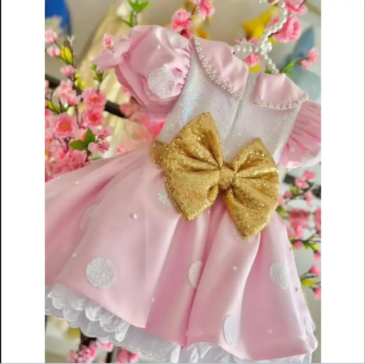 Vestidos de flores para niña, Top de lentejuelas blancas de encaje de perlas rosas con cinturón de lazo dorado, manga corta para boda, cumpleaños, vestidos de primera comunión