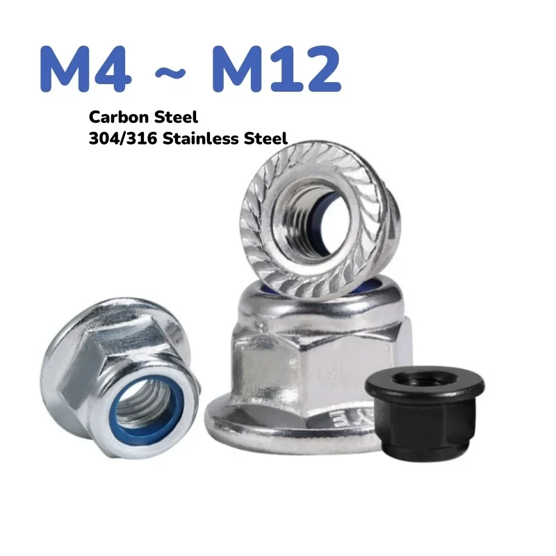 304 316 Stainless Carbon Steel Hex Flange Nylon Lock Nuts M4-M12 Self-locking Serrated Flange Nuts