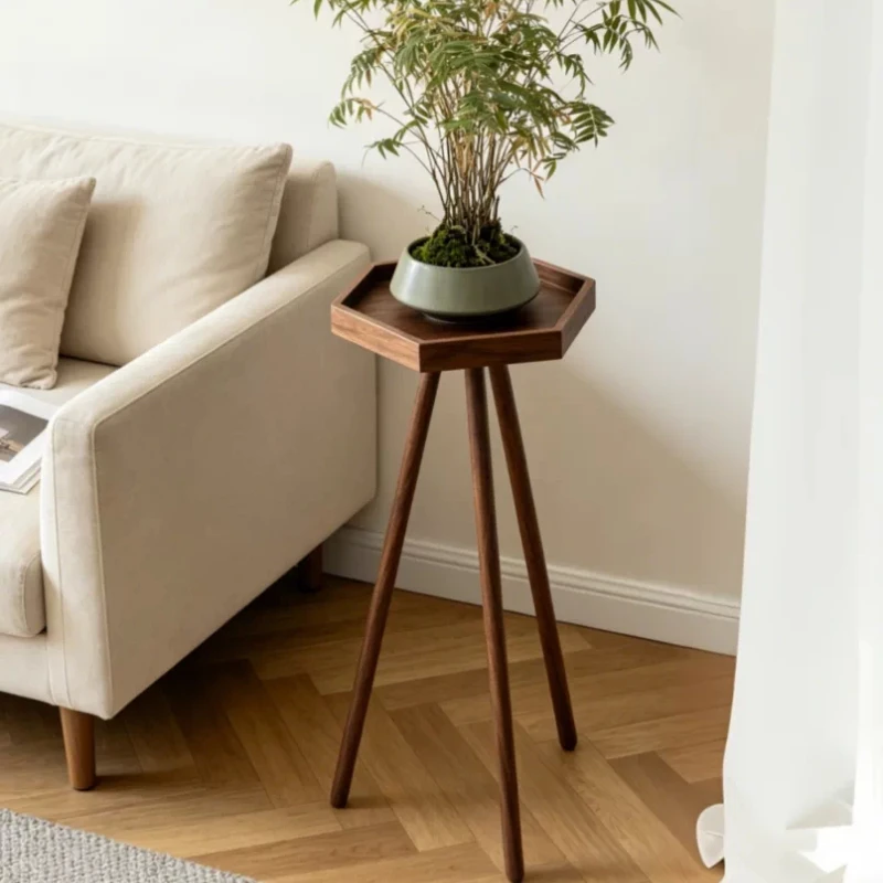 Solid Wood Plant Stand Chinese Style Black Walnut Side Table Floor Bonsai Holder Indoor Planter Rack for Balcony Decor Furniture