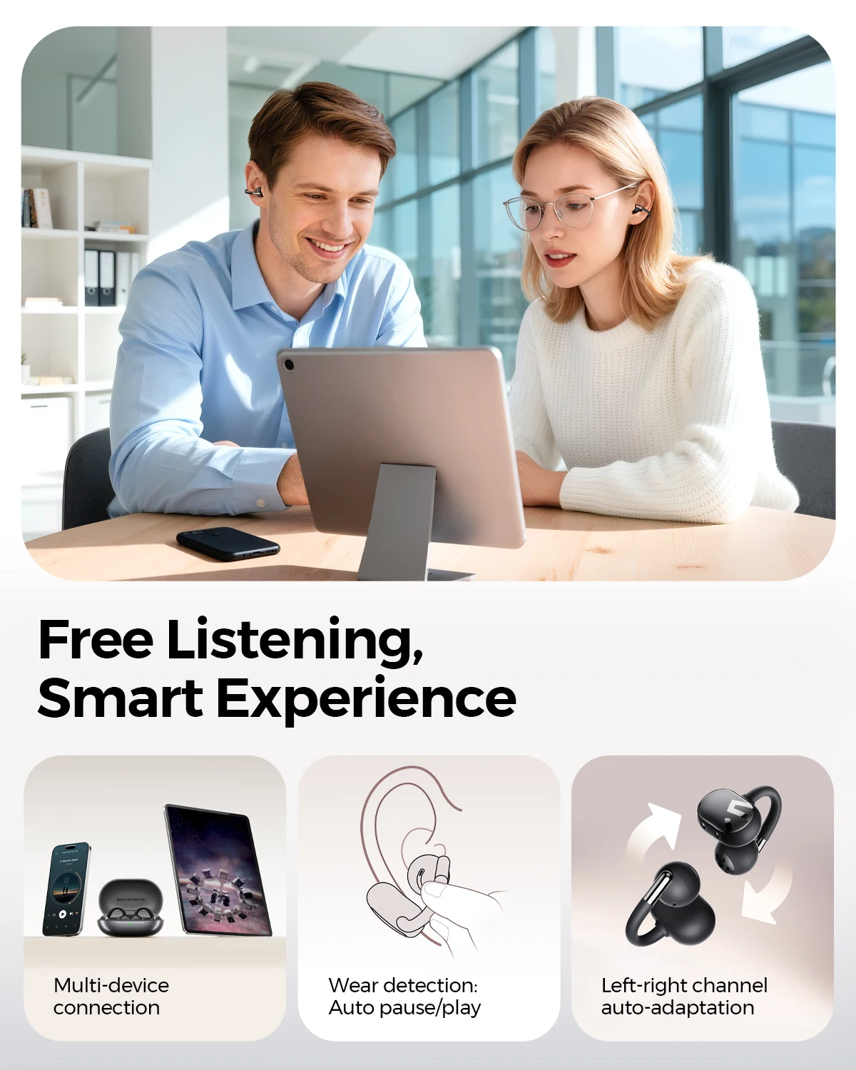 Bezprzewodowe słuchawki SoundPEATS Clip1, słuchawki otwarte Bluetooth V5.4 z Dolby Audio + LDAC + Hi-RES, przetwornik 12mm z podwójnym magnesem — zdjęcie produktu 5