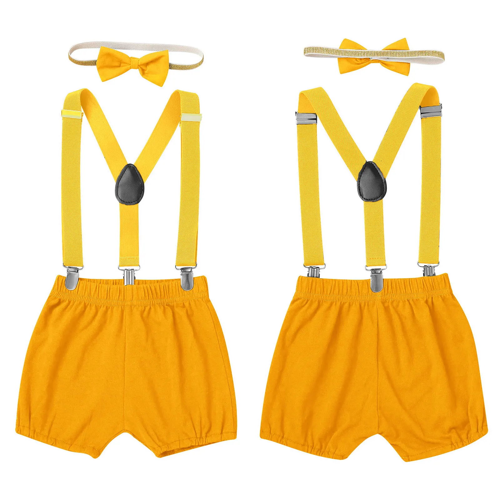 Toddler Baby Gentlemen Costume Solid Color Shorts with Suspender Bow Headband for Birthday Party Wedding Photography Daily Wear