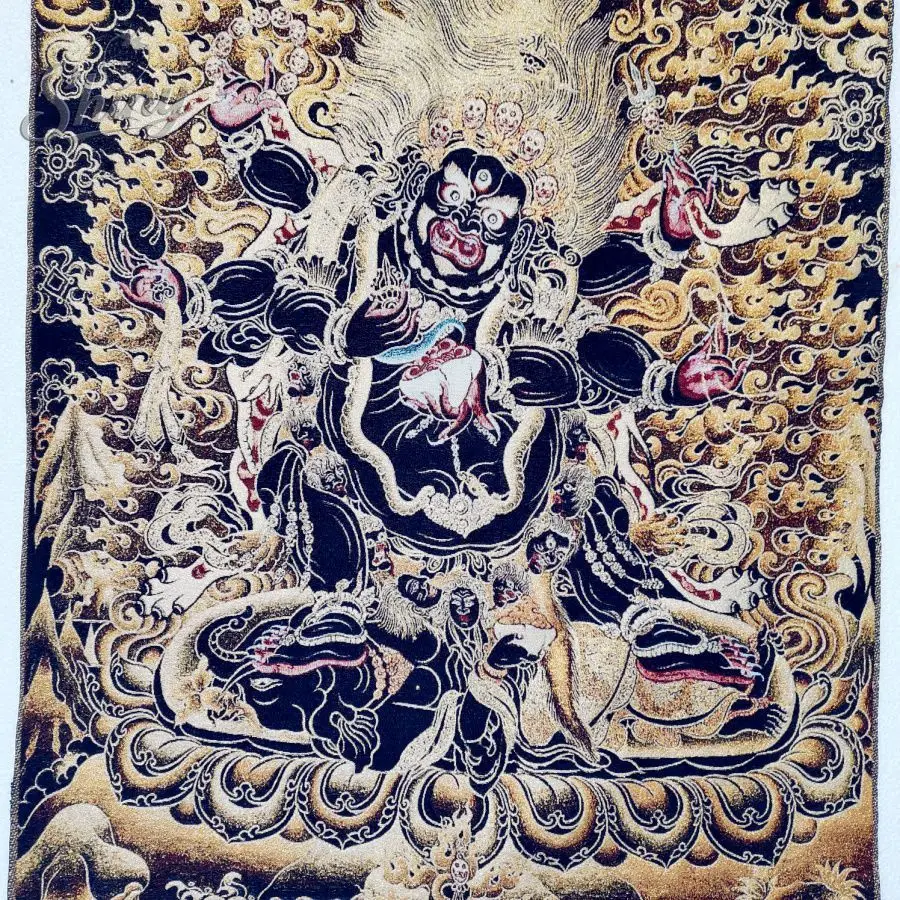 35.4″ Black Gold Six-Armed Mahakala Brocade Tibetan Tangka Embroidery Painting Gold Thread Embroidery Decorative Hanging Picture