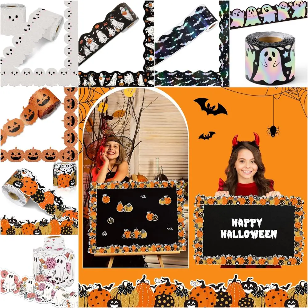 Halloween Chalkboard Decorative Sticker Cartoon Ghost Bat Pumpkin Multicolor Border Trim Decal 5/10/18M Wall Ornament