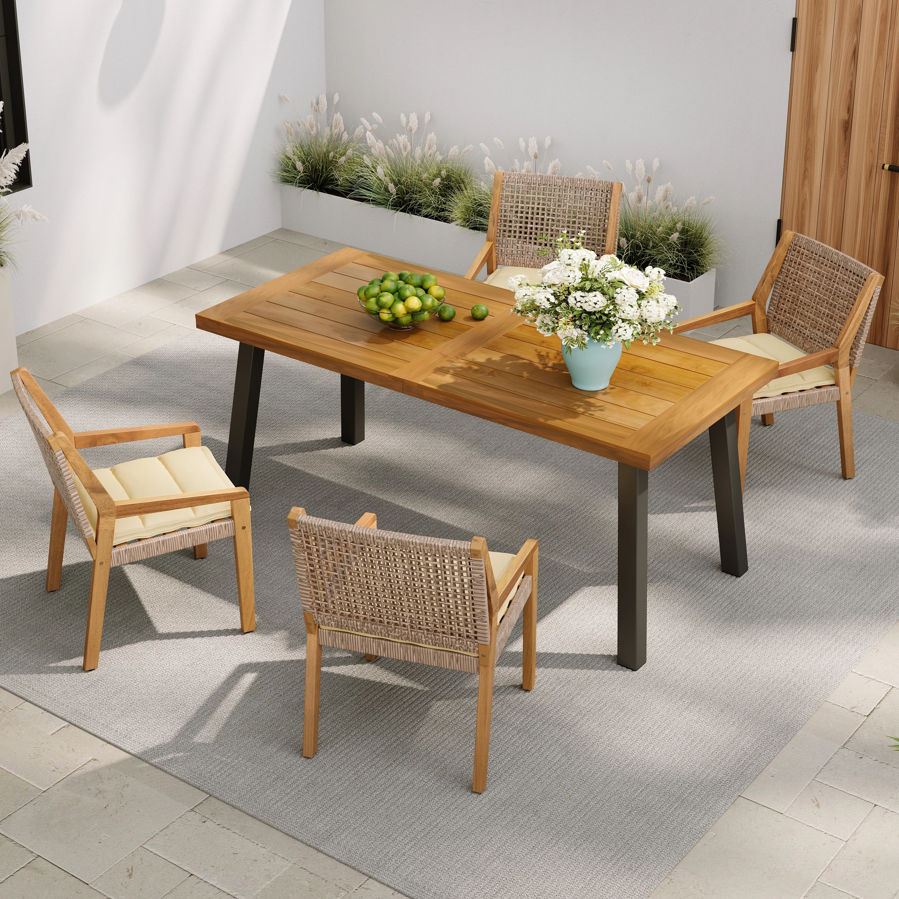 

5-Piece Acacia Wood Outdoor Set: Della Table & Wicker Chairs w/ Cream Cushions, Large Gathering Patio Dining