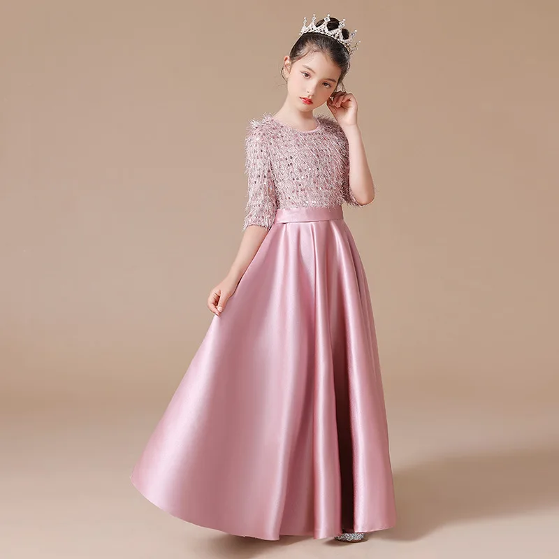 

2025 Teen girls Elegant A-line Bean paste half Sleeve Long Dress Little bridesmaid dress Princess Flower Girl Wedding party Gown