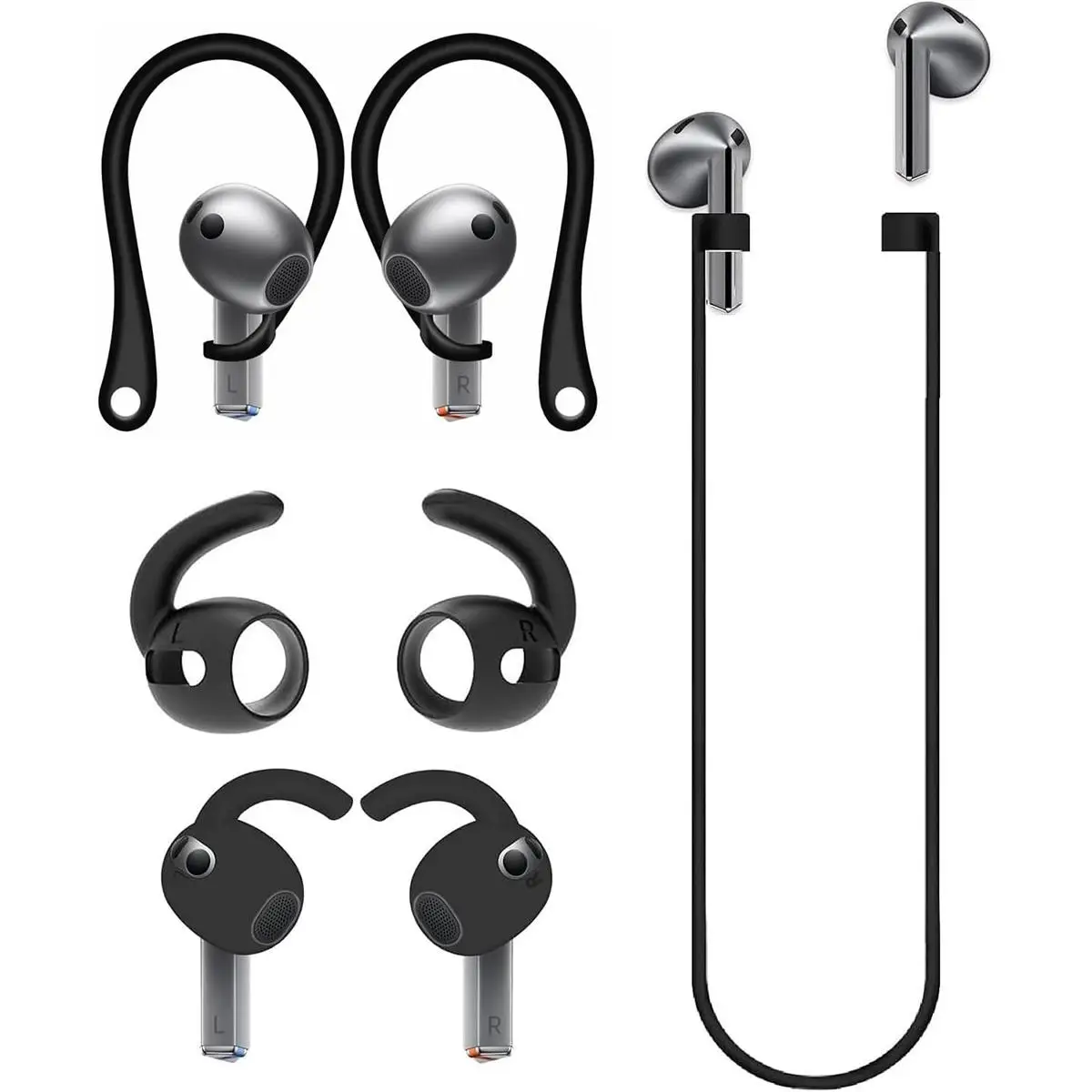For Galaxy Buds3 Pro XDcase Silicone Sports Anti-Slip Ear Covers & Ear Hooks & Anti-Lost Strap Combo Set(Black)
