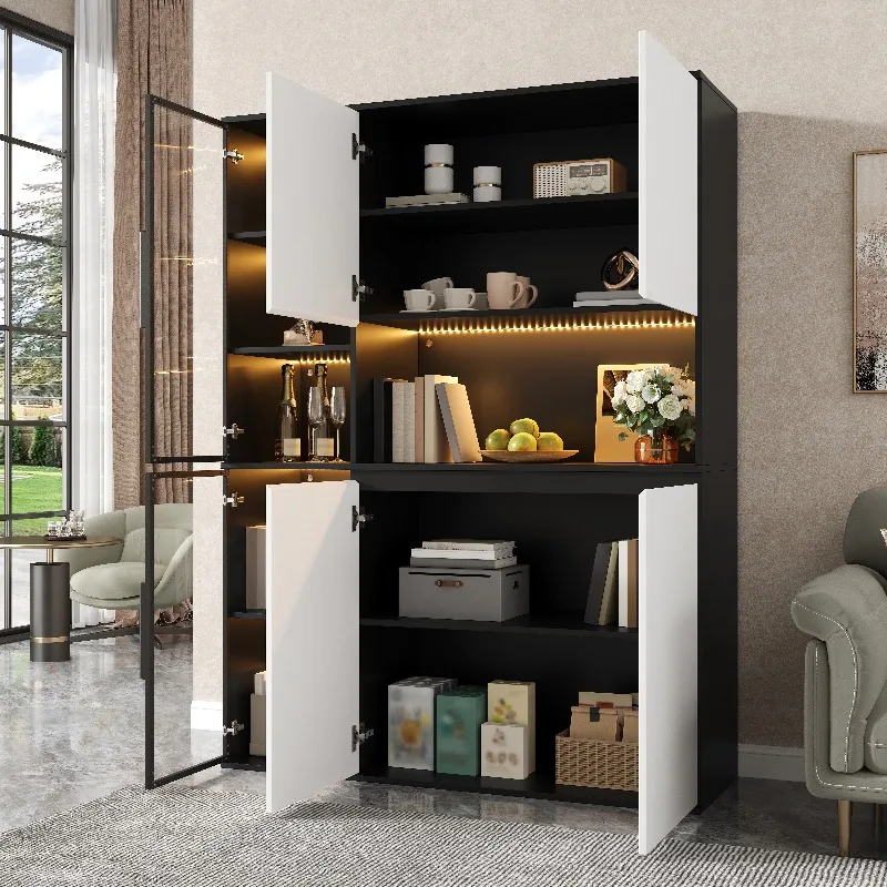 Buffet Vitrine Haute Moderne, Design Noir et Blanc avec Portes Vitrées, Éclairage LED Intégré, Corps en MDF, Rangement Spacieux pour Salle à Manger et Salon
