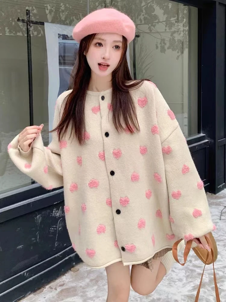 Cardigan Women Heart Graphic Panelled Sweet Retro Korean Style Popular Fashion Young Knitting Round Neck Spring College Clothing