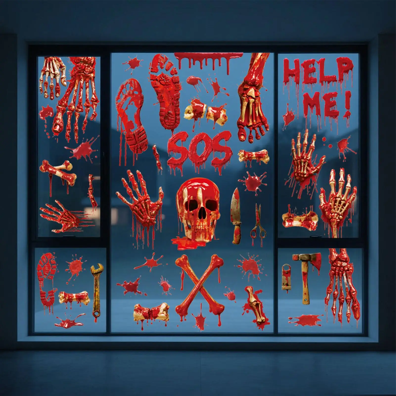 Halloween Window Clings 3D Spooky Decor Bloody Handprint Footprint Skull Clings for Halloween Party Home Haunted House Apartment