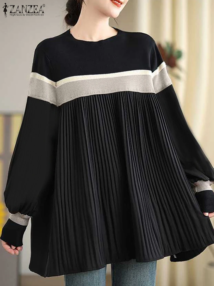 

ZANZEA, модная женская блузка, элегантные цветные лоскутные топы, осень 2021, повседневные свободные корейские блузки с длинными рукавами, туники с рюшами OL