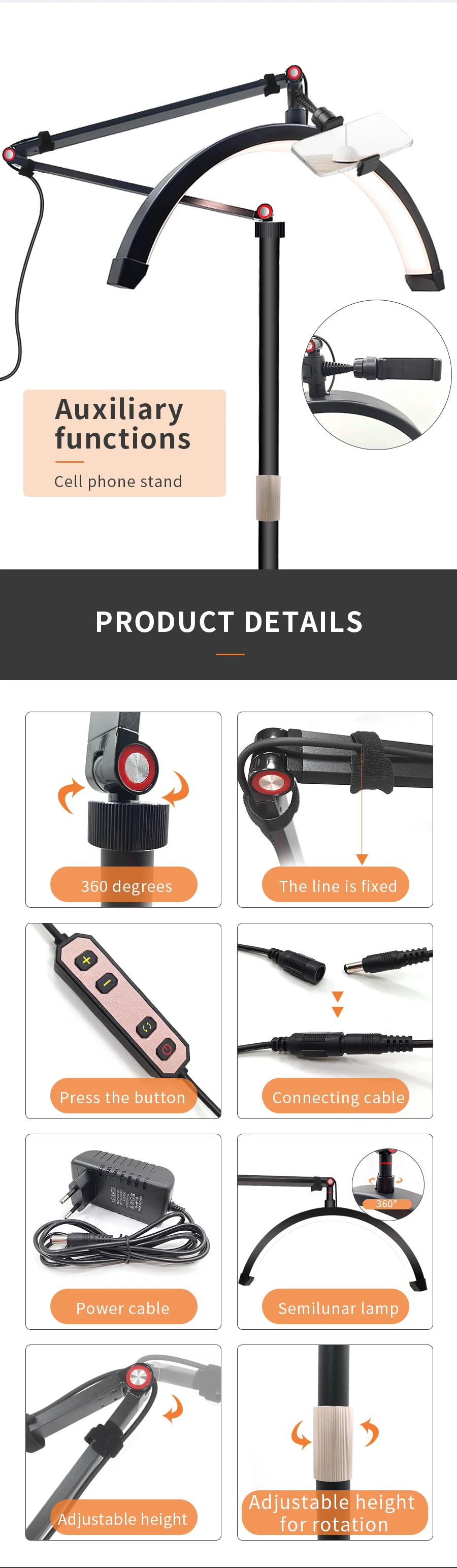 16-Zoll-LED-Halbmond-Wimpernlicht, Temperatur 3000 K–6000 K, Boden-LED-Ringlampe für Schönheitsgesichtsbehandlungen, Hautpflege, Tattoo, Augenbrauen, Filmen – Detail 11
