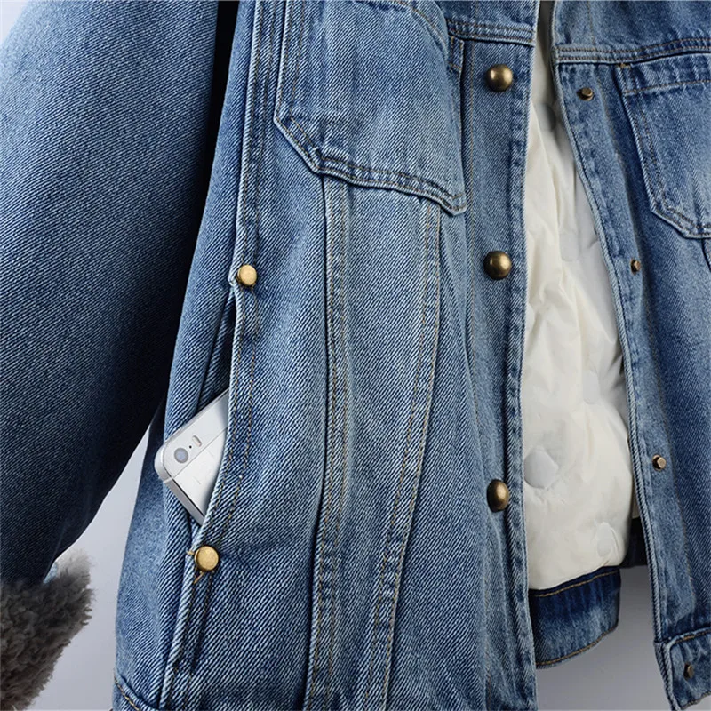 عالية الجودة فو امبسوول التلبيب سميكة الدافئة أسفل بطانة الدنيم سترة الشتاء المرأة معطف أزرق عادية كم طويل كاوبوي ملابس خارجية #5