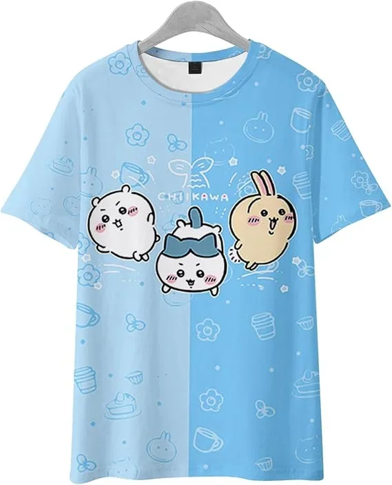 Chiikawa 3D-Druck T-Shirt Schwarz-Weiß Gestreiftes Kurzarm-Shirt Niedlicher Cartoon-Charakter Lässiges Unisex-Sommer-Oberteil Familien-Partnerlook – Detail 4