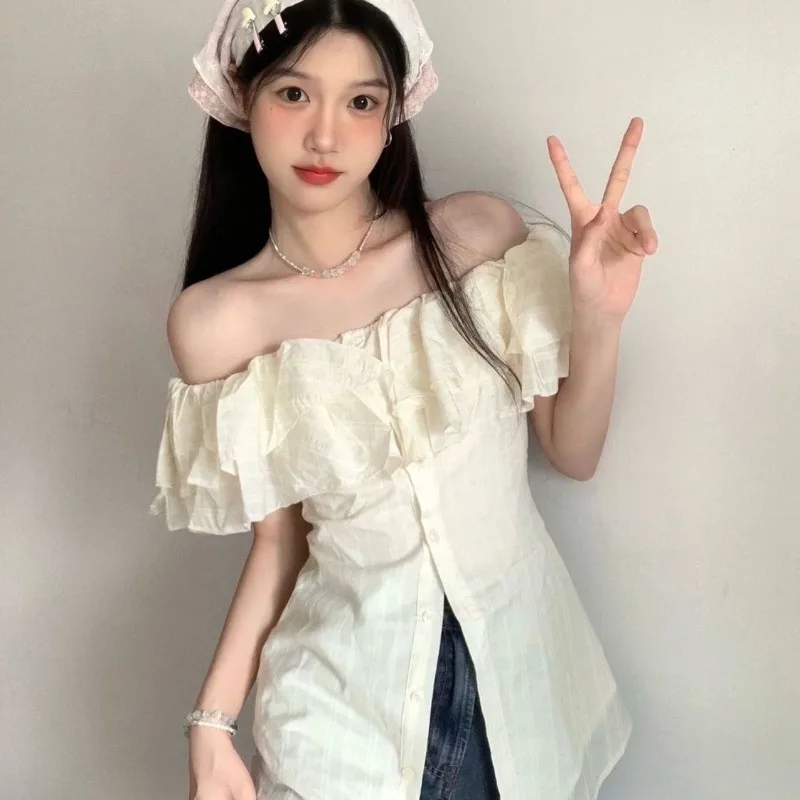 

Shirts Women Hotsweet Off-shoulder Fashion Sweet Slash Neck Korean Style Holiday Aesthetic Simple Solid Kawaii Ruffles Blusas
