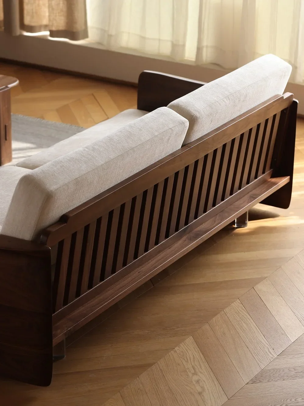 Nordic solid wood sofa living room North American black walnut modern double fabric leather small apartment sofa image 2