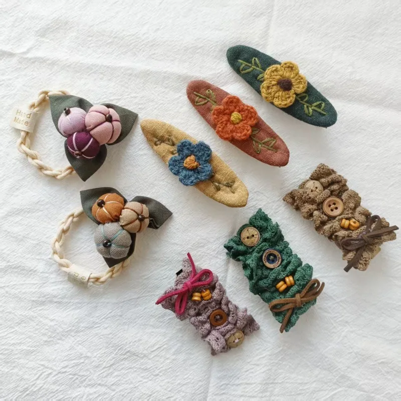 

Handmade Patchwork Hair Clip & Ponytail Holder Set Brown Pumpkin Flower Sweet Style Versatile Forest Hair Accessory for Women