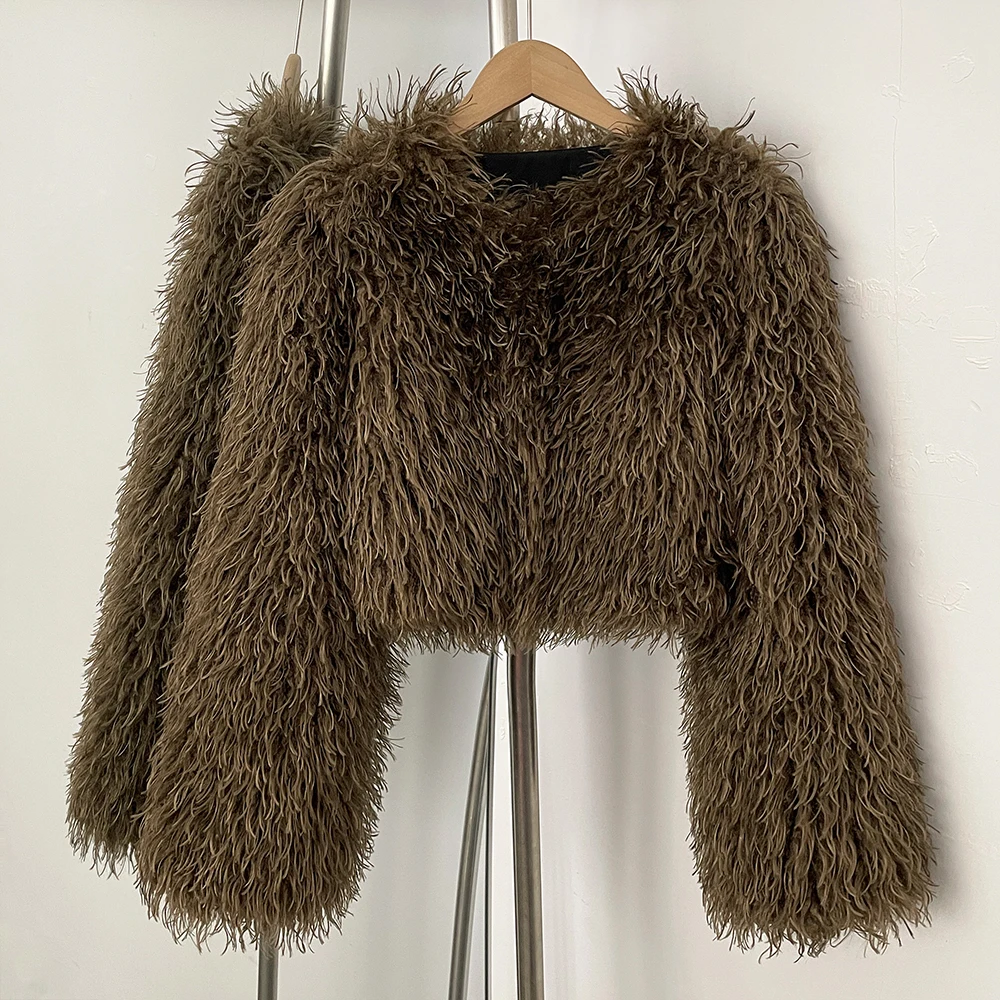 معطف الفرو الصناعي الخريف قصيرة الدافئة الإناث جديد الفراء صديقة للبيئة الشتاء النساء طويلة الأكمام س الرقبة وهمية الفراء تيدي رقيق سترة