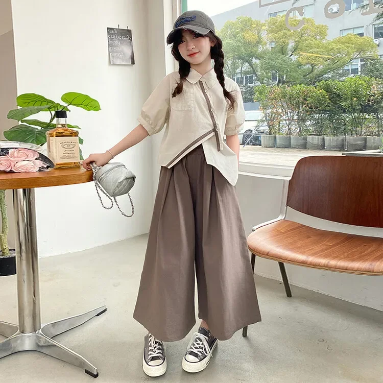 2024 Korean Summer School Girl 2PCS Clothes Set Teenager Girl Irregular Short Sleeve Tops+Wide-leg Pants Kid Casual Clothing Set