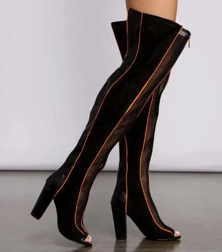 

Orange Line Black Air Mesh Suede Leather Patchwork Peep Toe Block Heel Zipper Front Over The Knee Boots Women Run Way Long Boots