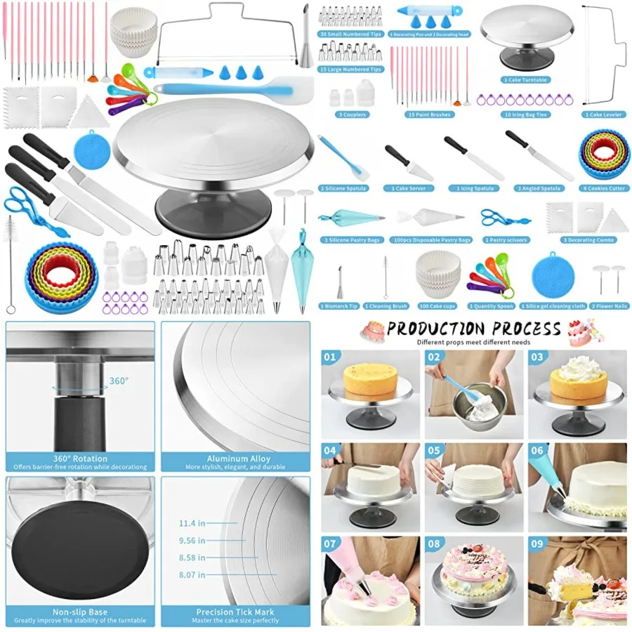 

300 PCS Cake Decorating Kit, Cake Decoration Supplies, Baking Accessories Tools Set, Cake Turntable Stand Frosting Piping Bags