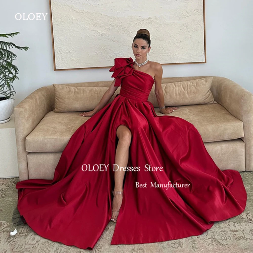 

OLOEY Red Satin Evening Dresses Long One Shoulder Bow Split Prom Gowns Formal Party Occasion Dress 2024 Celebrity Gowns Vestidos