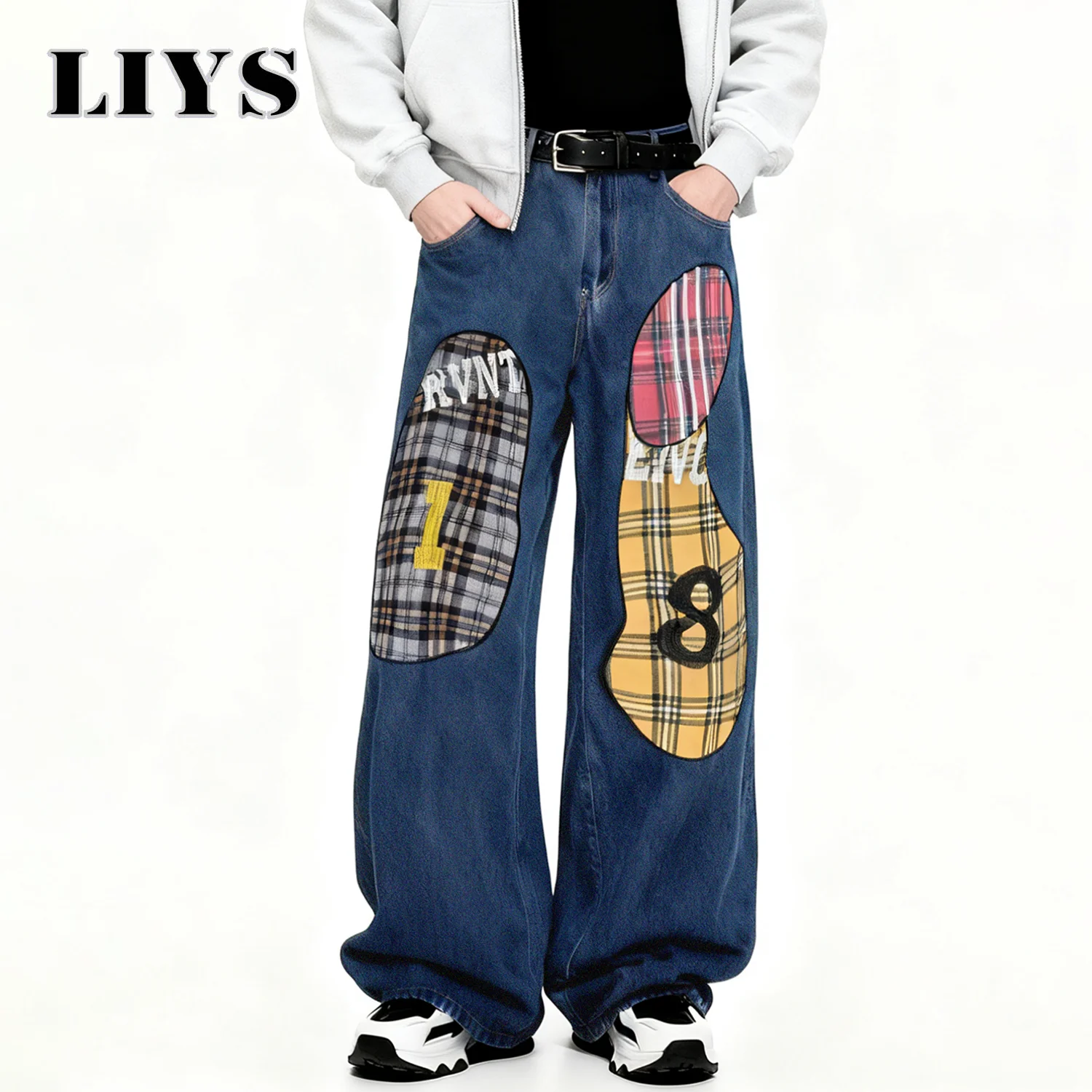 جديد الرجال الموضة الأزرق الرجعية فضفاض واسعة الساق الجينز الكورية الشارع منقوشة التصحيح النسيج العصرية العلامة التجارية الدنيم السراويل للجنسين الذكور الملابس #2