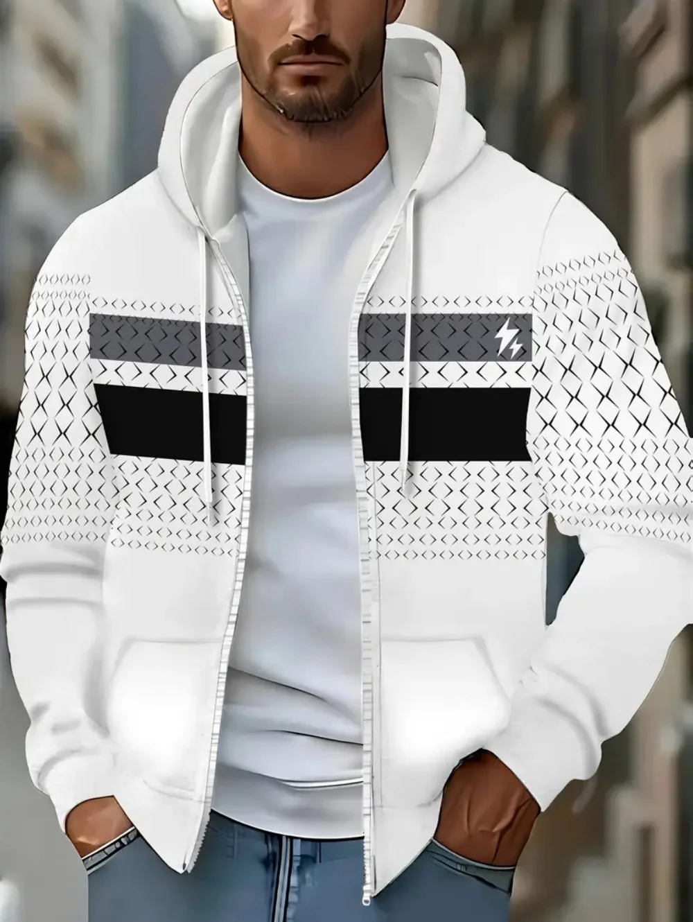 

New in Sweatshirts Simple Stripe Print Sports Tops Street Fashion Zip up Hoodies Comfortable Casual Striped Outdoor Zipup Hoodie