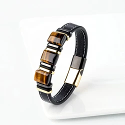 New Vintage Jewelry Long Square 100% Natural Tiger Eye 8 Circle Stainless Steel Leather Rope Charm Fashion Men's Bracelet