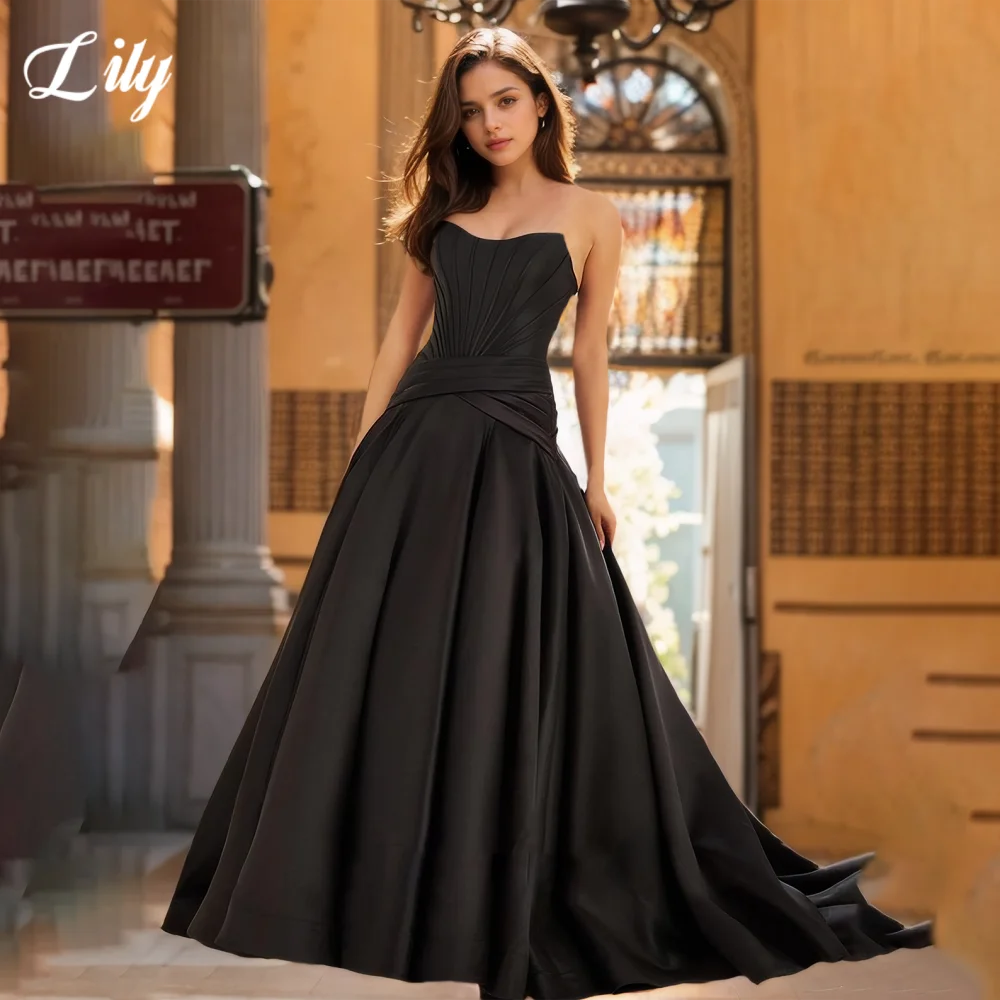 

Lily Black Elegant Prom Dress Sweetheart Backless Party Dresses with Fishbone Satin Pleated A-Line Ball Gown 프롬 드레스 Customized