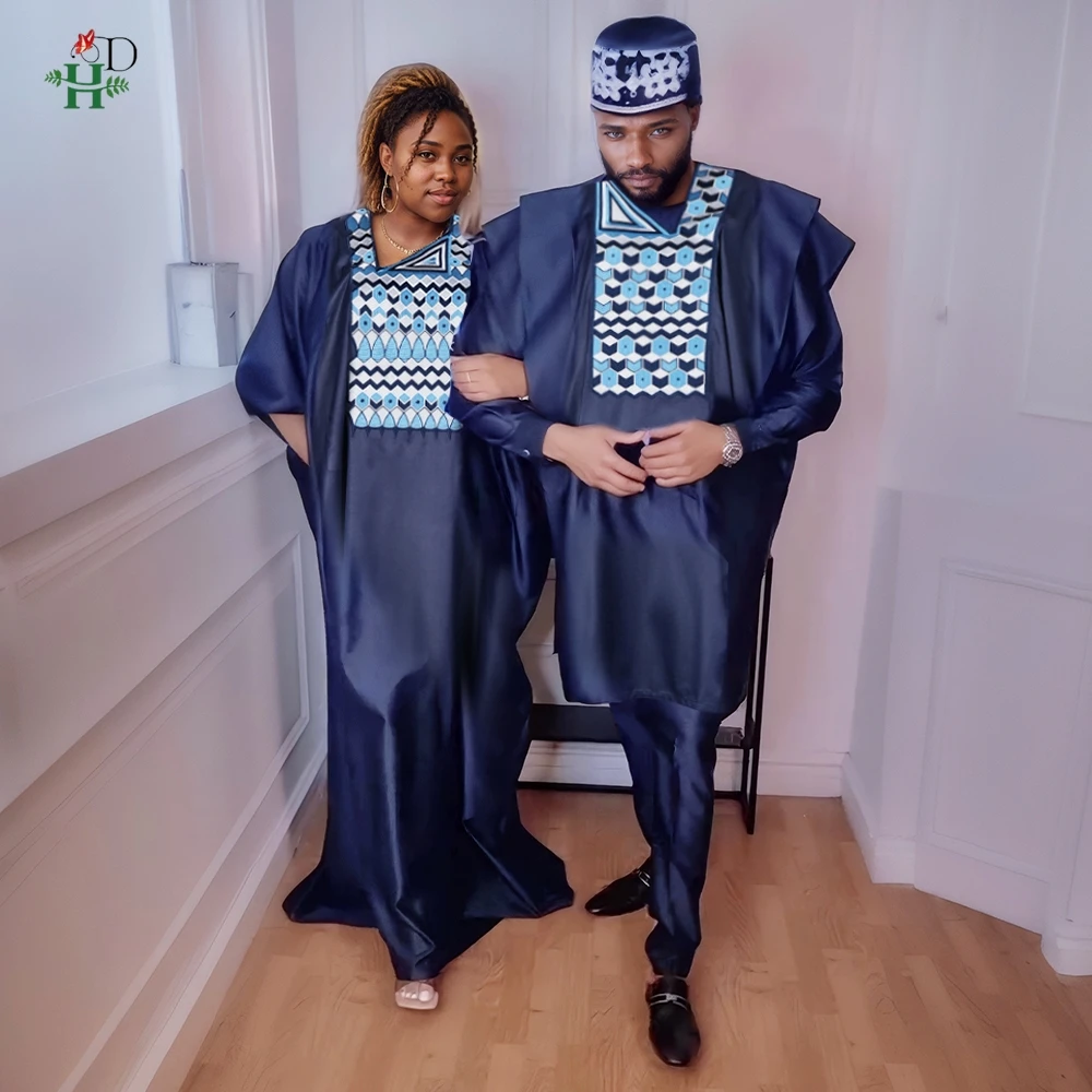 

New African Women's Navy Blue Kaftan Embroidery Djellaba with Headwrap For Casual Ramadan Couple Daily Boubou Wedding Party Gown