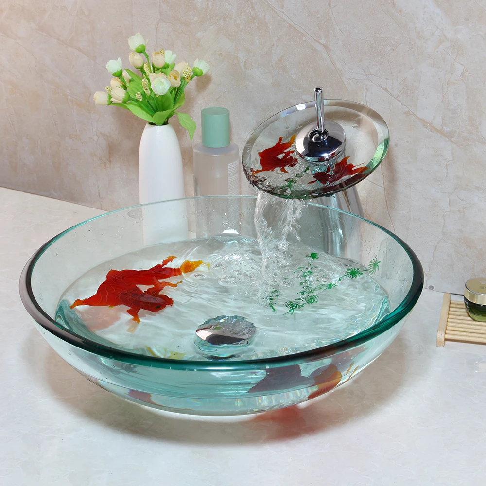 ZAPPO Bathroom Art Gold Fish Tempered Glass Basin Sink Vanity Vessel Sink Bowl with Waterfall Faucet Mixer Round Sinks